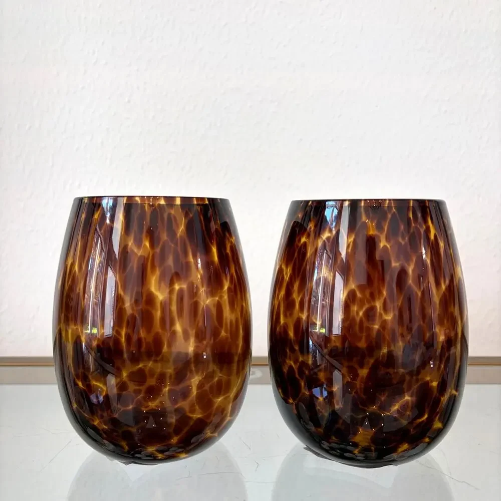 NEW Tortoise Shell Stemless Wine Glass Set of 2 Chic Barware 15oz